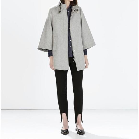 ZARA Wool Blend Cape Coat Buckle Poncho Jacket Funnel Neck Gray - Picture 1 of 13